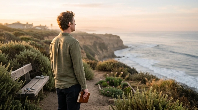 Man overlooking the California coastline at sunset, symbolizing hope, purpose, and a healthy future in recovery.
