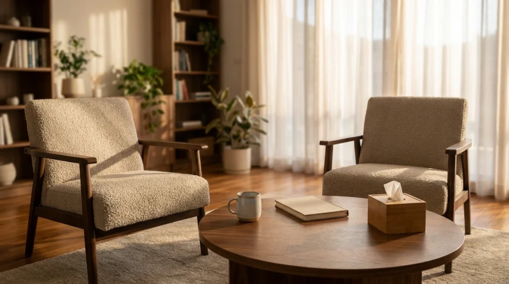 Why Silence Feels So Uncomfortable in Early Recovery 2 Warm, welcoming therapy office with two comfortable chairs, a coffee table, notebook, mug, tissue box, and natural sunlight.