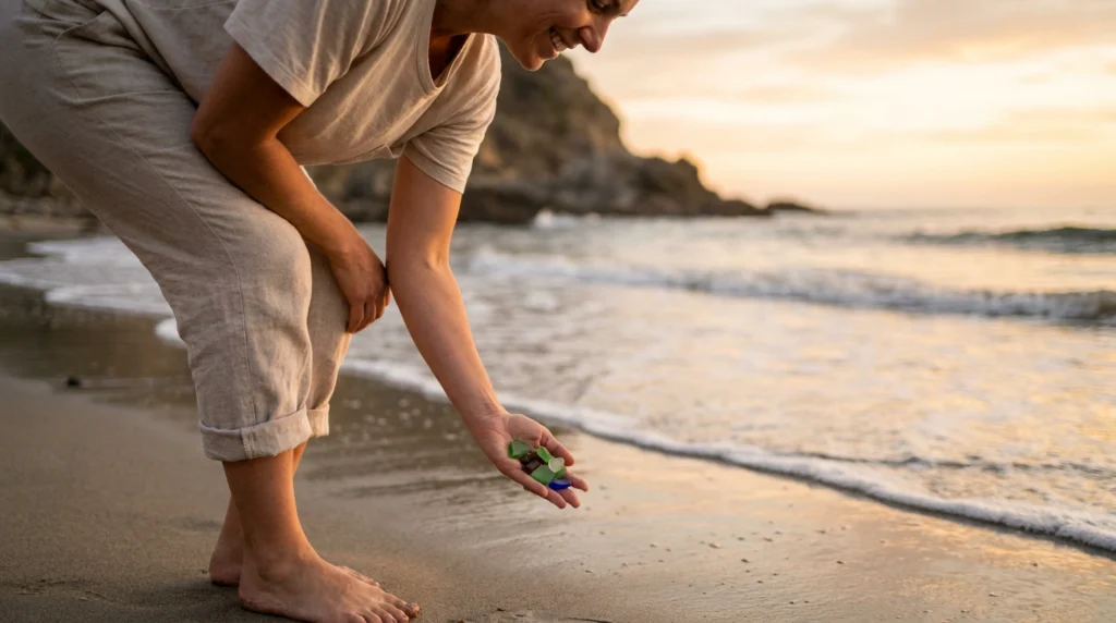 5 Sober Hobbies That Make Recovery More Rewarding 5 Person collecting seashells on a sandy beach at sunset, enjoying a peaceful mindfulness activity by the ocean.