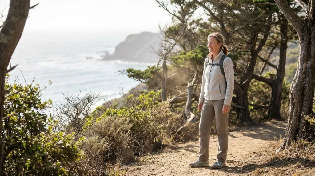 5 Sober Hobbies That Make Recovery More Rewarding 1 Person standing on a scenic coastal hiking trail surrounded by trees and ocean views during a daytime nature walk.