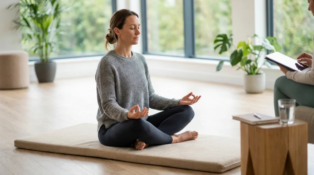 Why Silence Feels So Uncomfortable in Early Recovery 3 Person practicing seated meditation during a wellness session while a therapist observes and takes notes in a bright counseling space.
