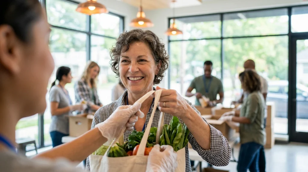 5 Sober Hobbies That Make Recovery More Rewarding 4 Volunteer handing a reusable grocery bag filled with fresh produce to a smiling community member at a local food distribution center.