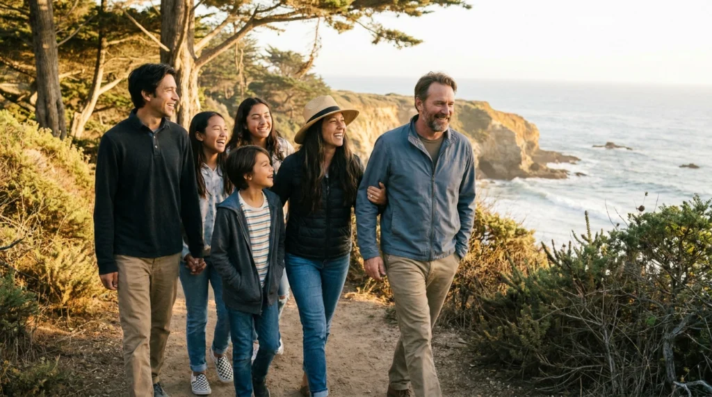 What Is Recovery Capital and Why Does It Matter? 3 Family enjoying a walk along a California coastal trail during sunset, representing connection, support, and long-term recovery.