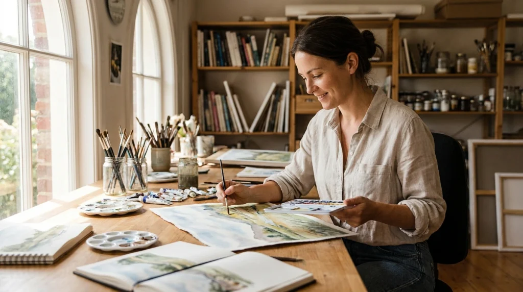 5 Sober Hobbies That Make Recovery More Rewarding 3 Person painting a watercolor landscape at a home art studio with brushes, sketchbooks, and art supplies on a wooden desk.