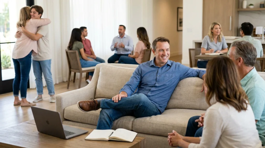 What Is Recovery Capital and Why Does It Matter? 2 People participating in therapy and peer support sessions in a comfortable recovery treatment center environment.