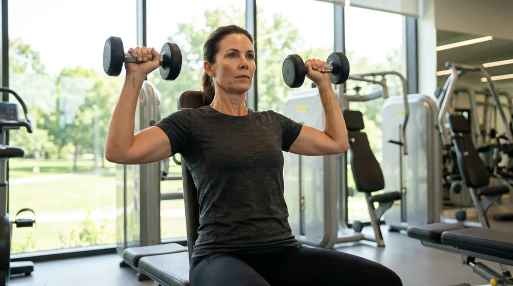 5 Sober Hobbies That Make Recovery More Rewarding 2 Person performing seated dumbbell shoulder presses in a modern gym as part of a regular strength training routine.
