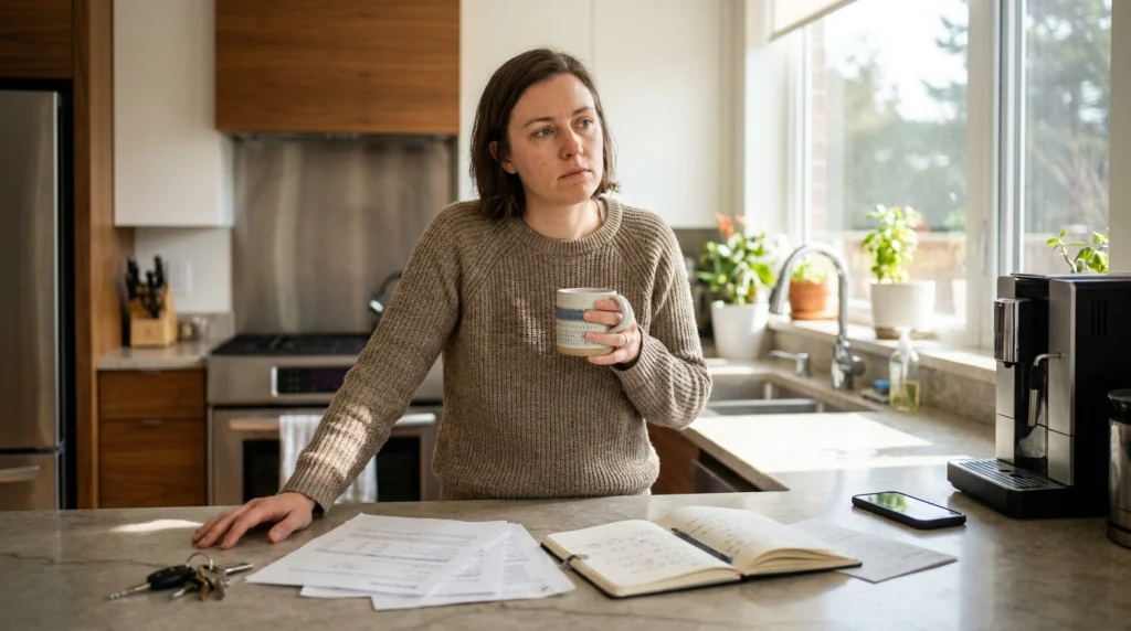Why Silence Feels So Uncomfortable in Early Recovery 1 Person standing in a sunlit kitchen holding a mug while reflecting beside a countertop with a notebook, phone, and paperwork.