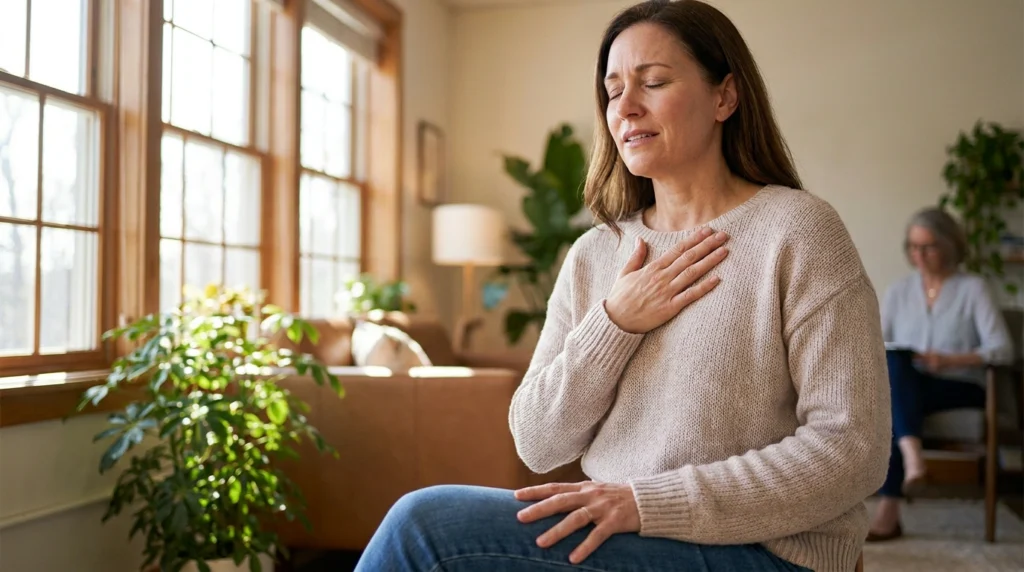 The 5-4-3-2-1 Grounding Technique for Anxiety and Overwhelm 2 Woman with her hand on her chest practicing a grounding exercise in a bright, comfortable room while another person sits quietly in the background.