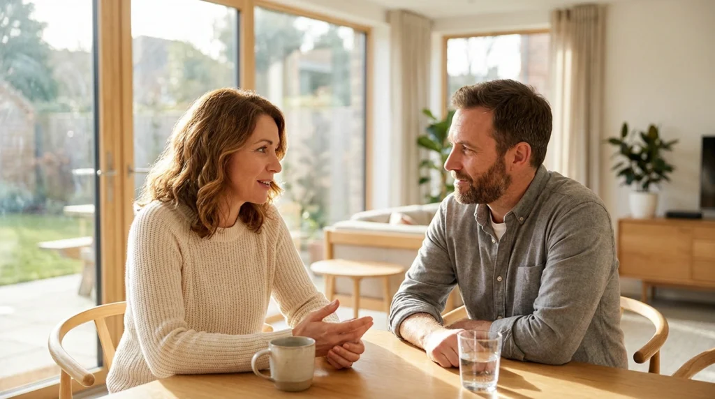 Setting Boundaries With a Loved One Struggling With Addiction 2 Two adults having an open, supportive conversation across a dining table in a sunlit home.
