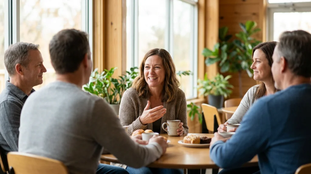 Protecting Your Energy in Recovery: It's Okay to Outgrow People 3 Adults sharing coffee and conversation during a supportive group meeting.