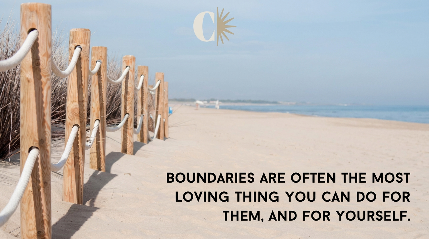 Sandy beach path bordered by wooden posts and rope fencing with an inspirational quote about setting healthy boundaries.