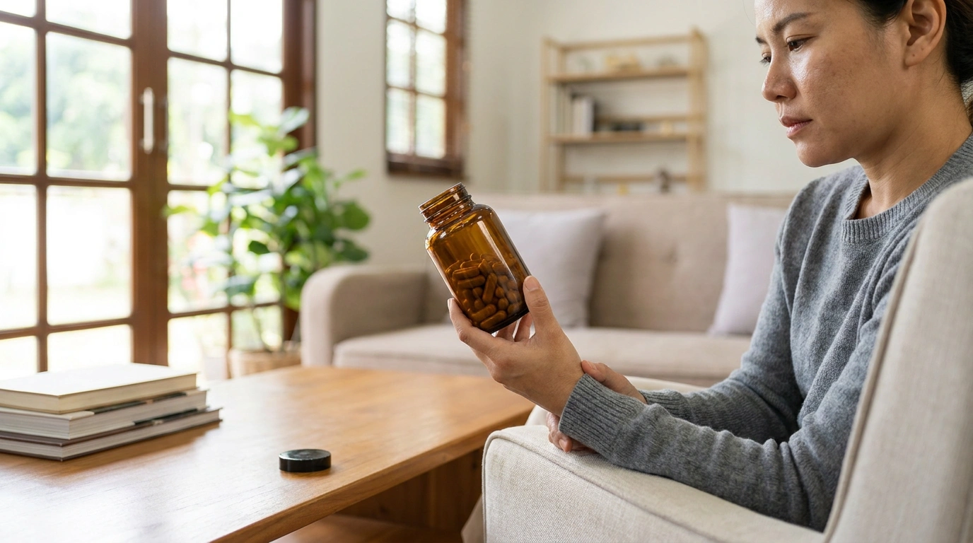 Woman looking thoughtfully at an open medication bottle in her living room
