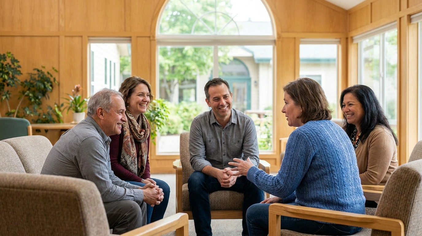 Adults participating in a supportive group therapy session at a treatment center