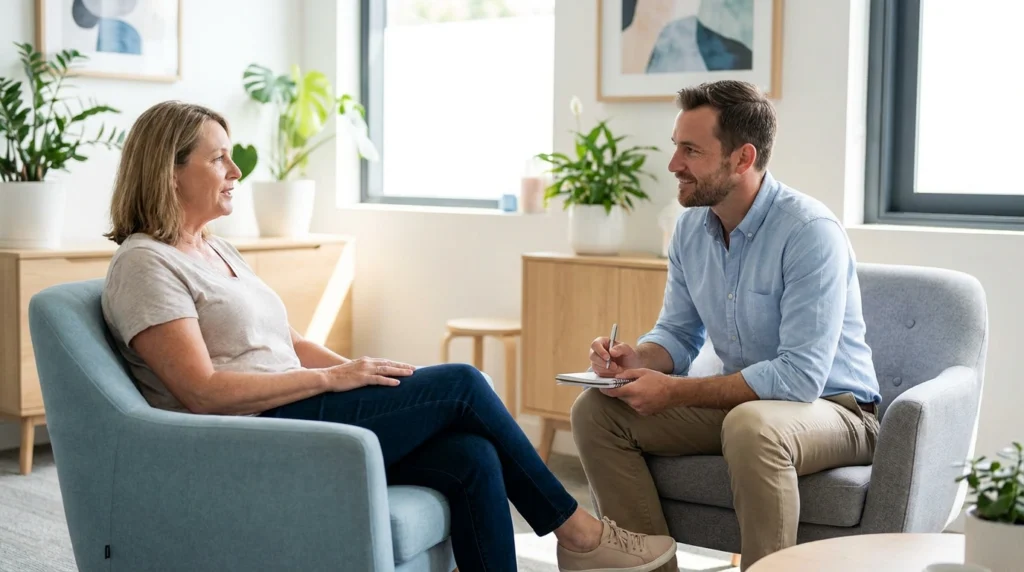 Setting Boundaries With a Loved One Struggling With Addiction 3 Therapist and client engaged in a one-on-one counseling session in a comfortable, welcoming office.