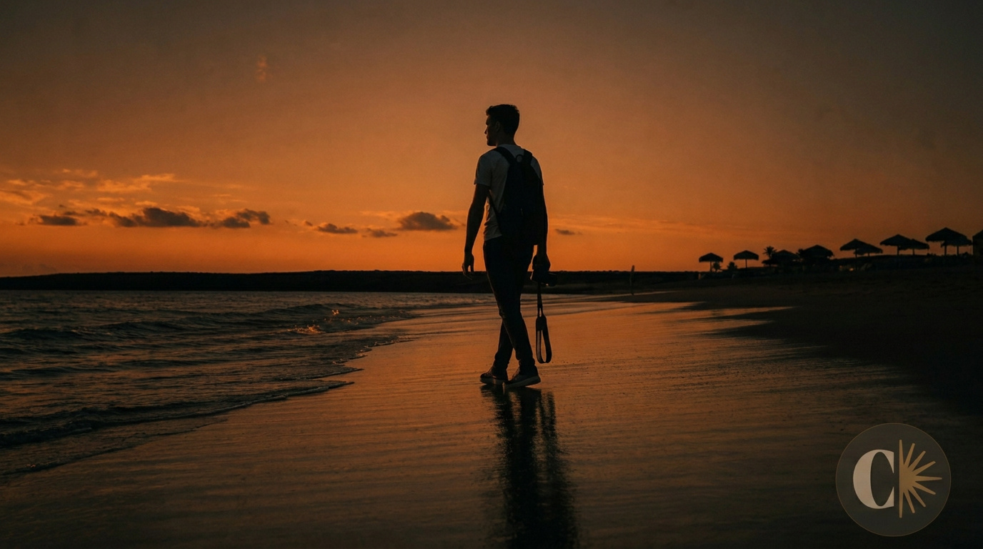 Man carrying a backpack while walking alone along the beach at sunset.