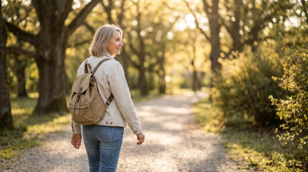Protecting Your Energy in Recovery: It's Okay to Outgrow People 2 Woman carrying a backpack while walking along a peaceful wooded trail.