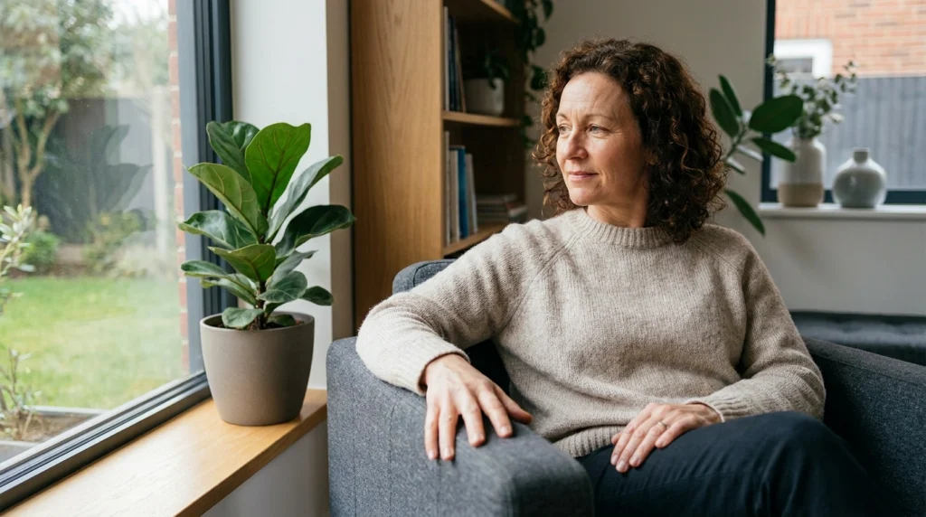 The 5-4-3-2-1 Grounding Technique for Anxiety and Overwhelm 1 Woman sitting beside a window, thoughtfully looking outside in a calm home environment during a moment of emotional reflection.