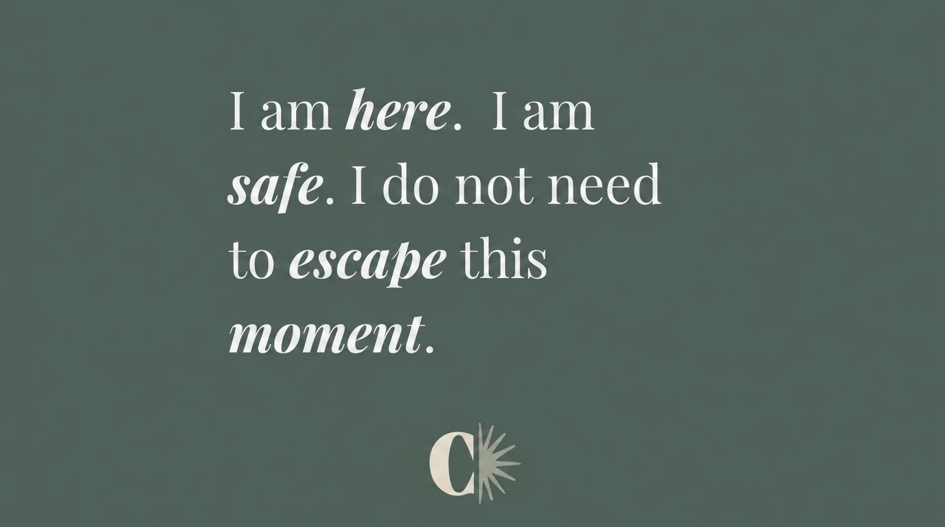 nspirational quote reading, "I am here. I am safe. I do not need to escape this moment." displayed on a soft green background.