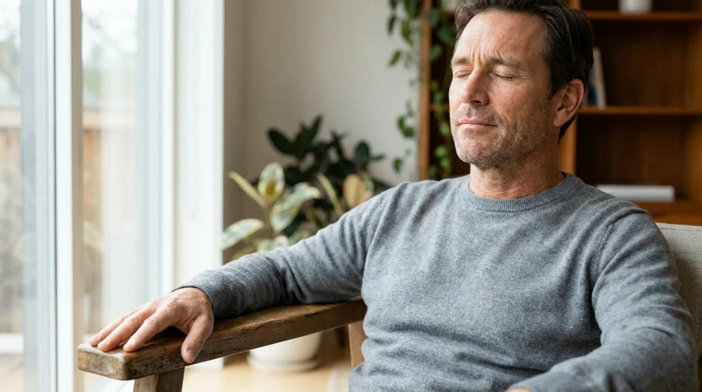 How to Cope With Cravings in Early Recovery 1 Man resting with his eyes closed during a quiet moment at home.