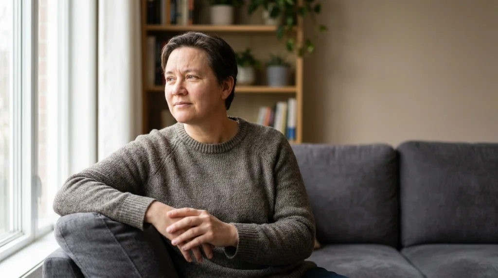 Setting Boundaries With a Loved One Struggling With Addiction 1 Person sitting on a sofa beside a large window, quietly reflecting in a bright, peaceful living room.
