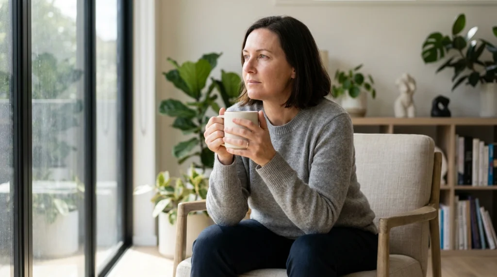 Protecting Your Energy in Recovery: It's Okay to Outgrow People 1 Thoughtful woman holding a coffee mug while looking through a window at home.