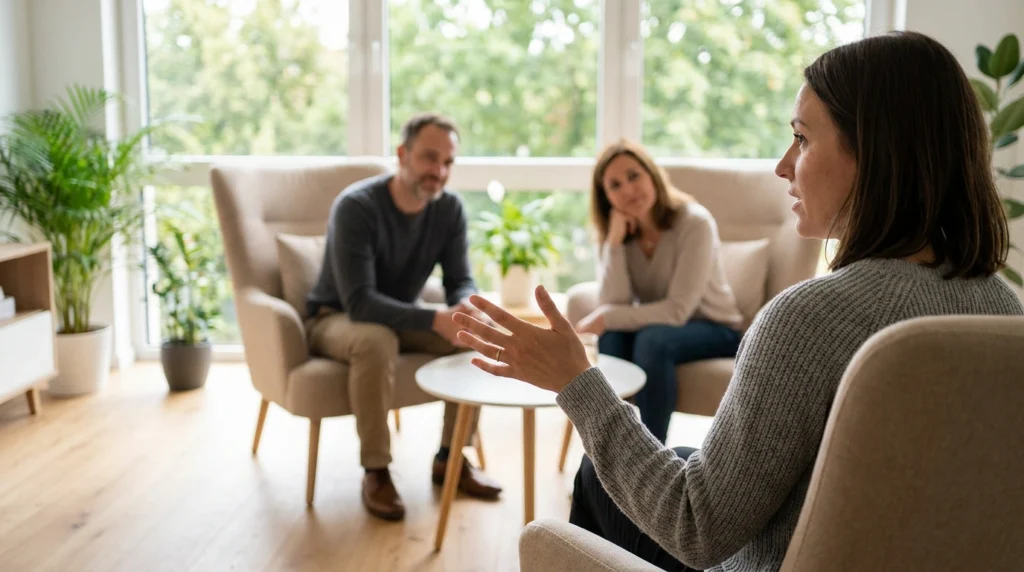 How to Cope With Cravings in Early Recovery 3 Woman speaking with two adults during a private counseling session.