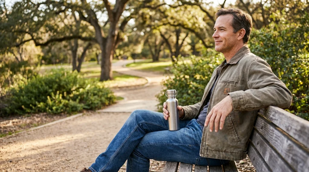 The 5-4-3-2-1 Grounding Technique for Anxiety and Overwhelm 3 Man sitting on a park bench holding a water bottle while taking a mindful moment in a peaceful, tree-lined outdoor setting.
