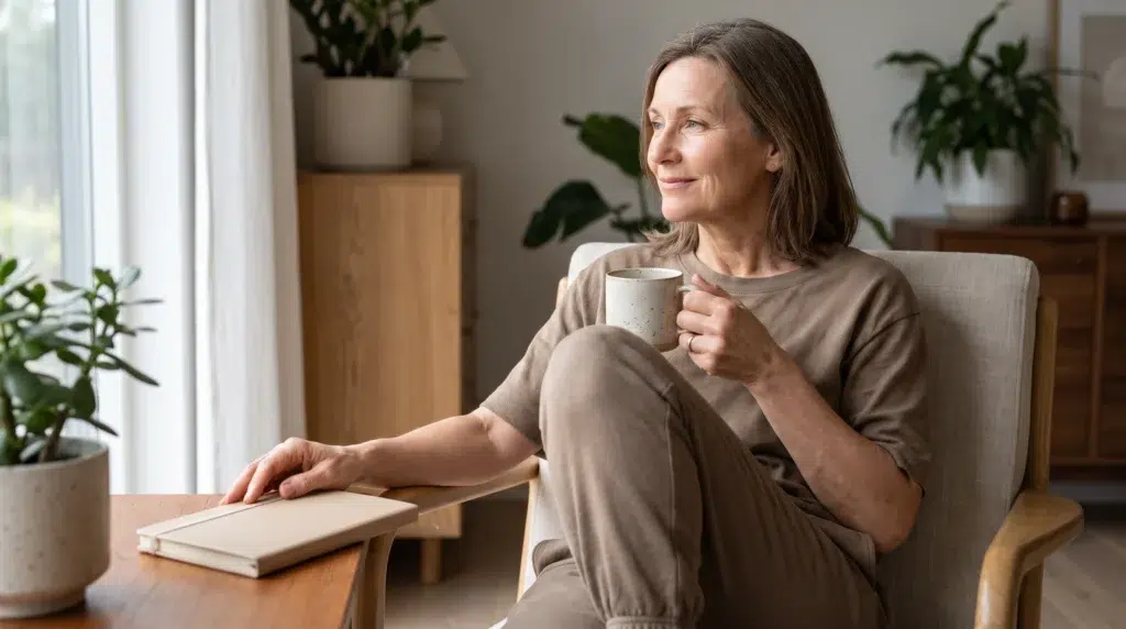 What a Spiritual Awakening Really Means in Recovery 2 Middle-aged woman relaxing at home during a moment of self-reflection.