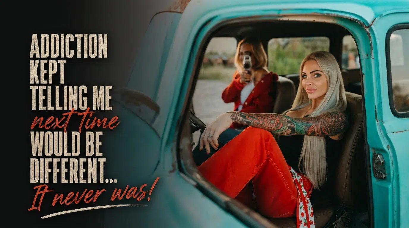 Addiction awareness image showing women in a vehicle with a recovery message