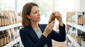 Woman reading an amber supplement bottle while shopping in a wellness store.