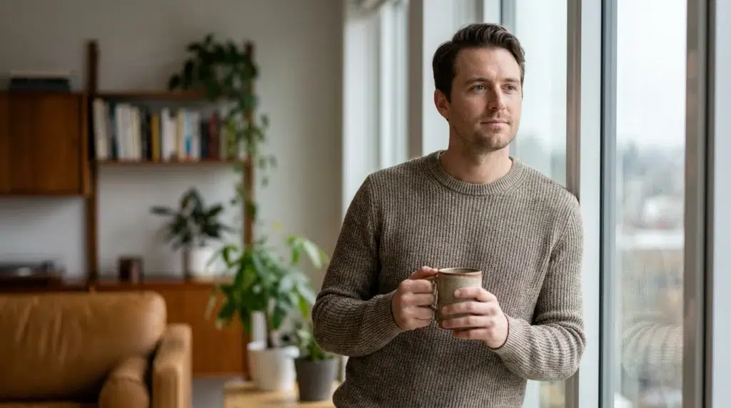 houghtful man holding a mug while looking out a window at home.