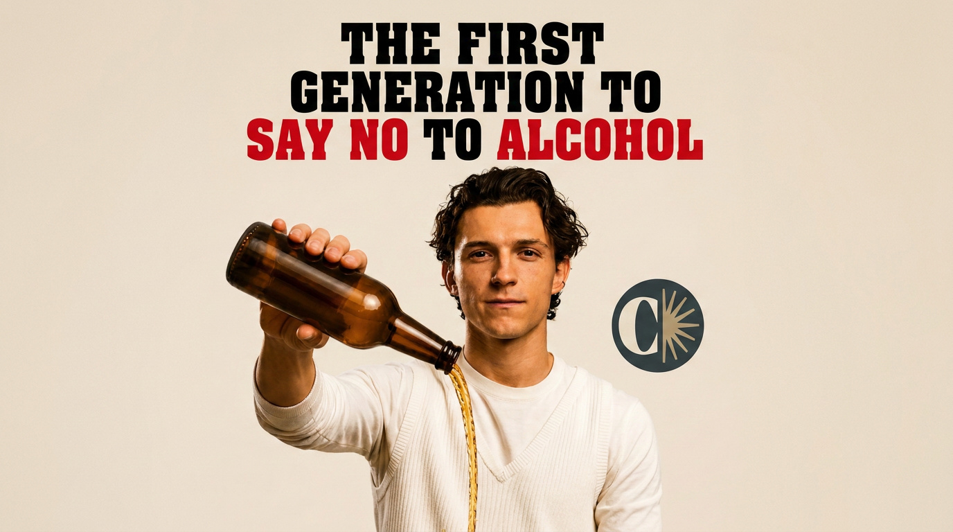 Young man pouring out alcohol beneath a message about saying no to drinking