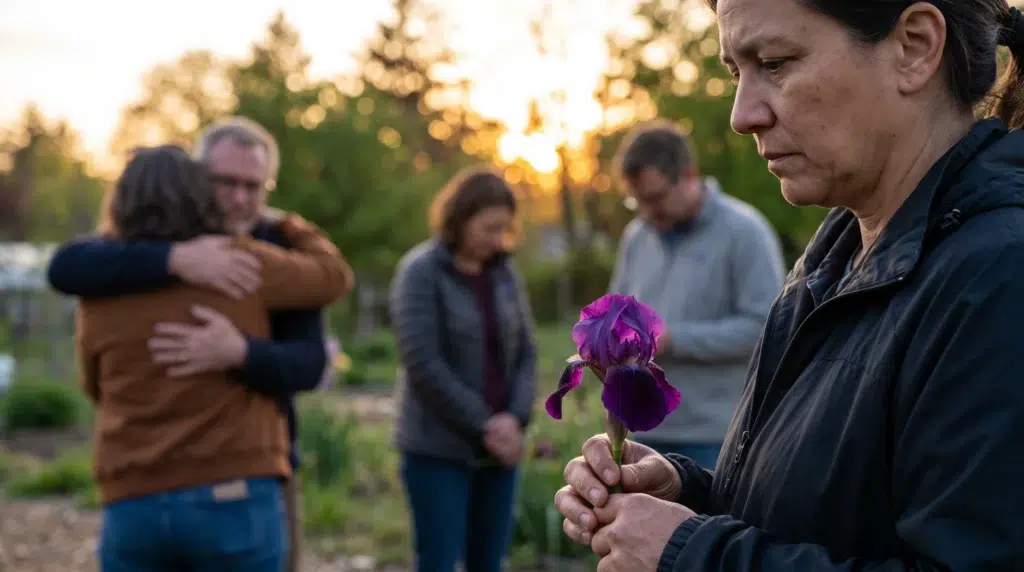Overdose Awareness: Honoring Lives Lost and Fighting for Recovery 1 Woman holding a purple flower while others gather in support after a loss.