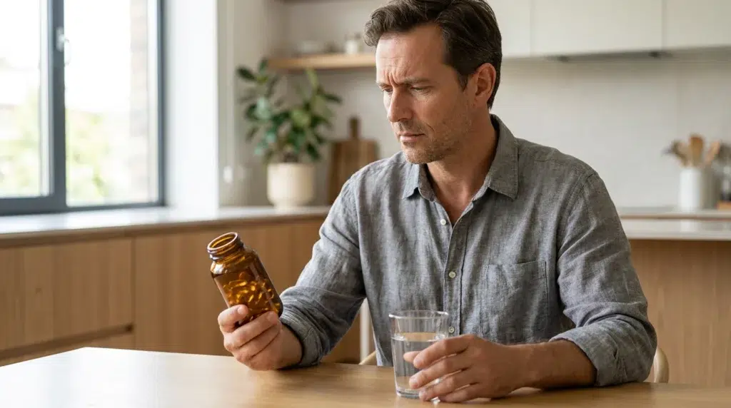 7-OH: What You Need to Know About This Potent Kratom Compound 1 Man examining an amber pill bottle beside a glass of water at home.