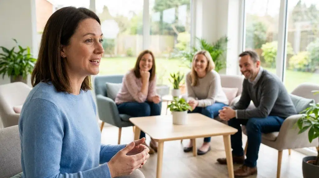 Even Your Worst Sober Day Is Still a Victory 3 Woman speaking during a supportive group recovery meeting.