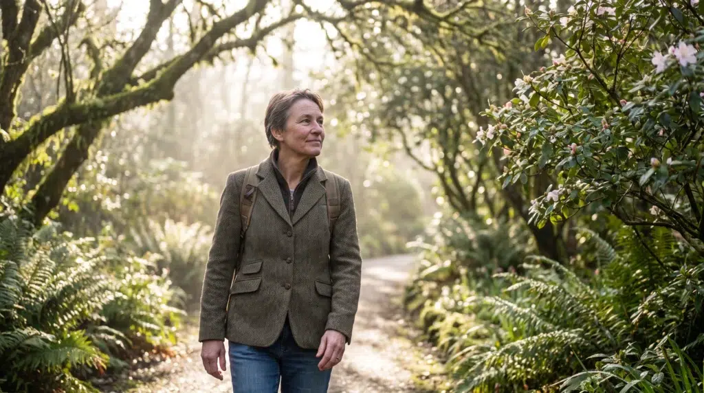 Woman walking through a peaceful forest during personal reflection.
