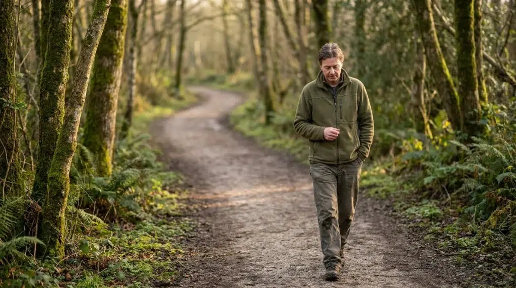 Man walking alone on a peaceful wooded path while reflecting during his healing journey.