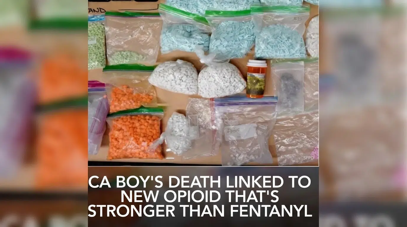 Bags of illicit pills shown in a news report about a powerful new opioid linked to an overdose death