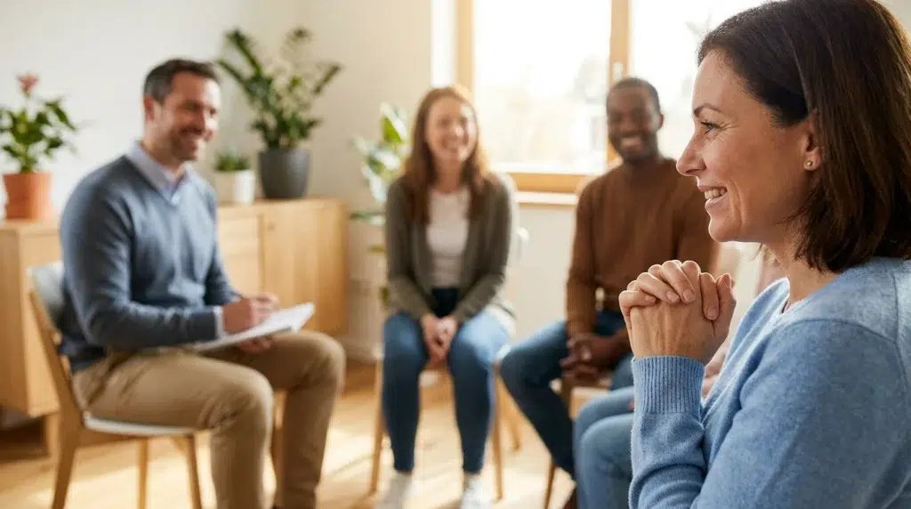To the Person on Day One of Sobriety: Keep Going 3 Woman sharing in a supportive group setting during the early stages of sobriety.