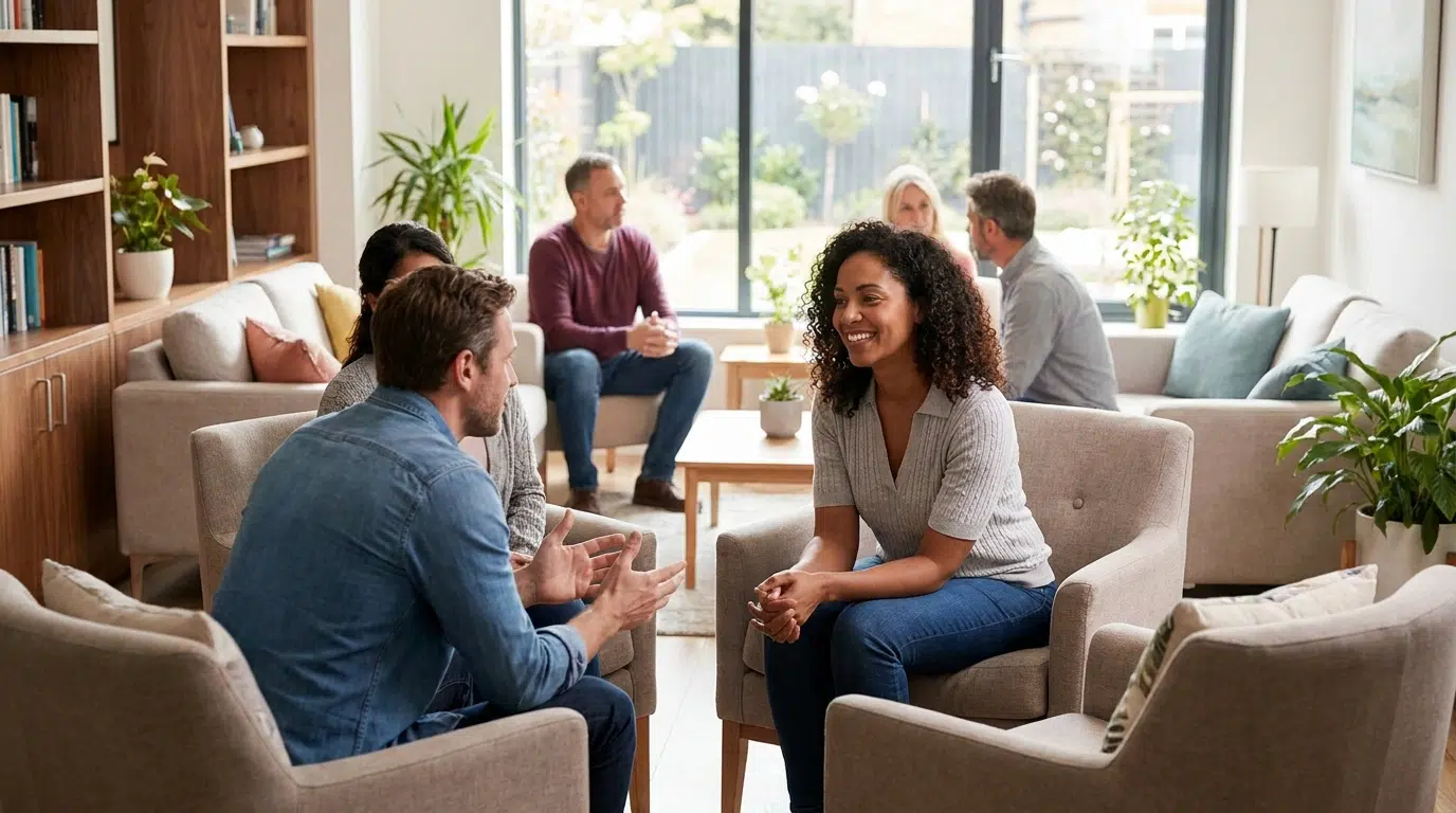 Adults talking together in a comfortable group support setting