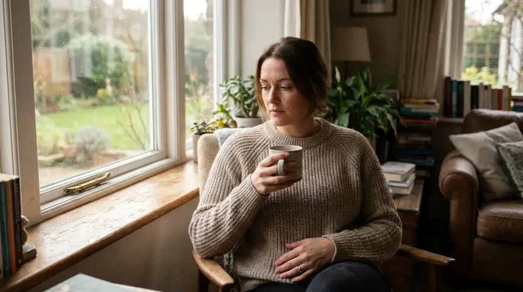 Woman sitting quietly by a window while reflecting on emotions and personal healing.