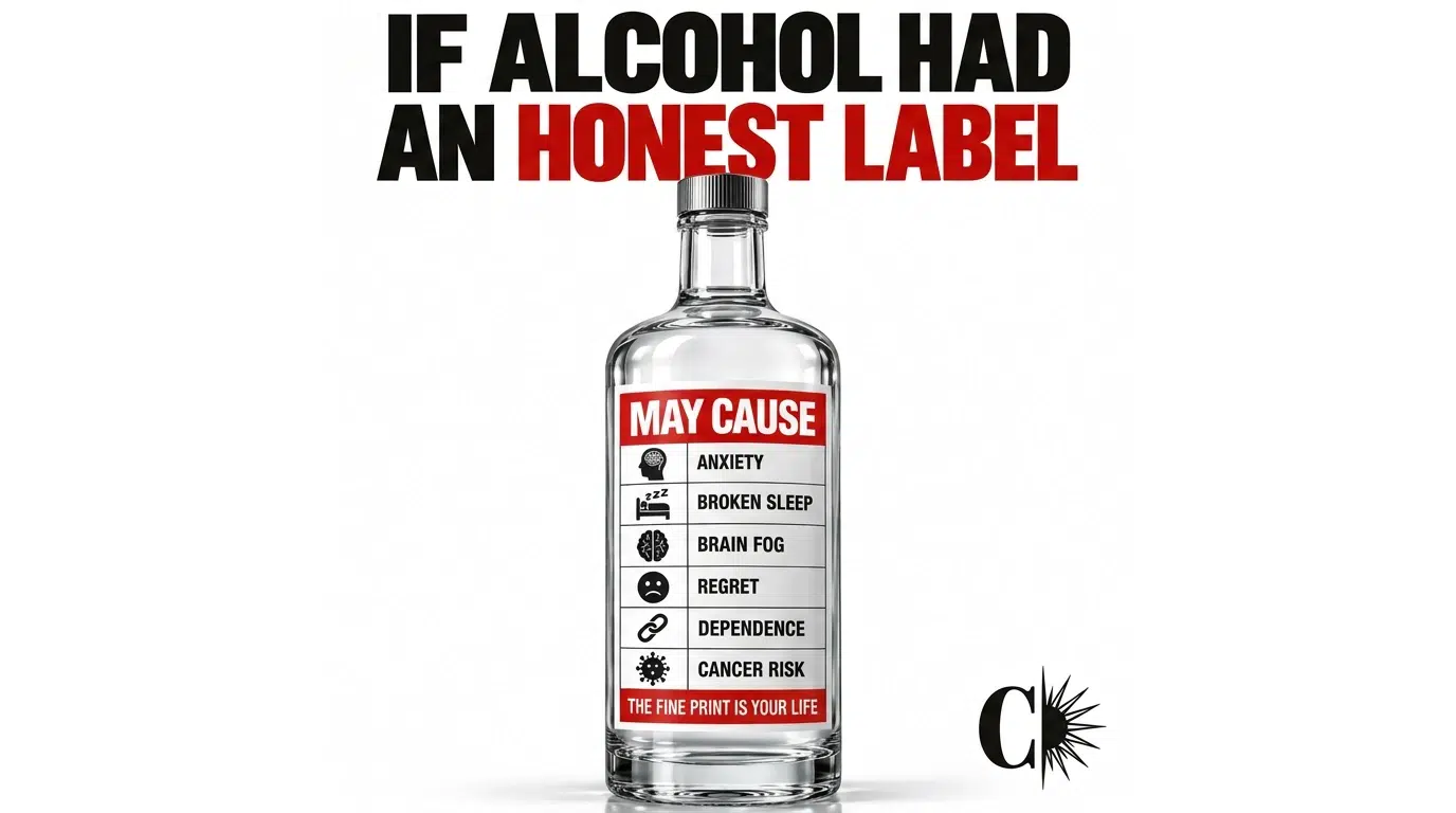 Alcohol bottle warning label showing anxiety, broken sleep, brain fog, regret, dependence, and cancer risk
