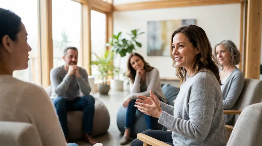 Happy National Sober Day: Recovering Out Loud 2 Adults participating in a supportive sober recovery group discussion for National Sober Day