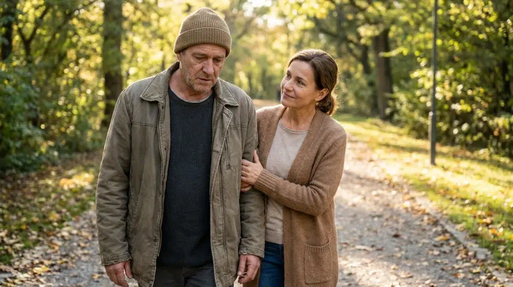 Woman offering support to a man struggling emotionally during early sobriety.