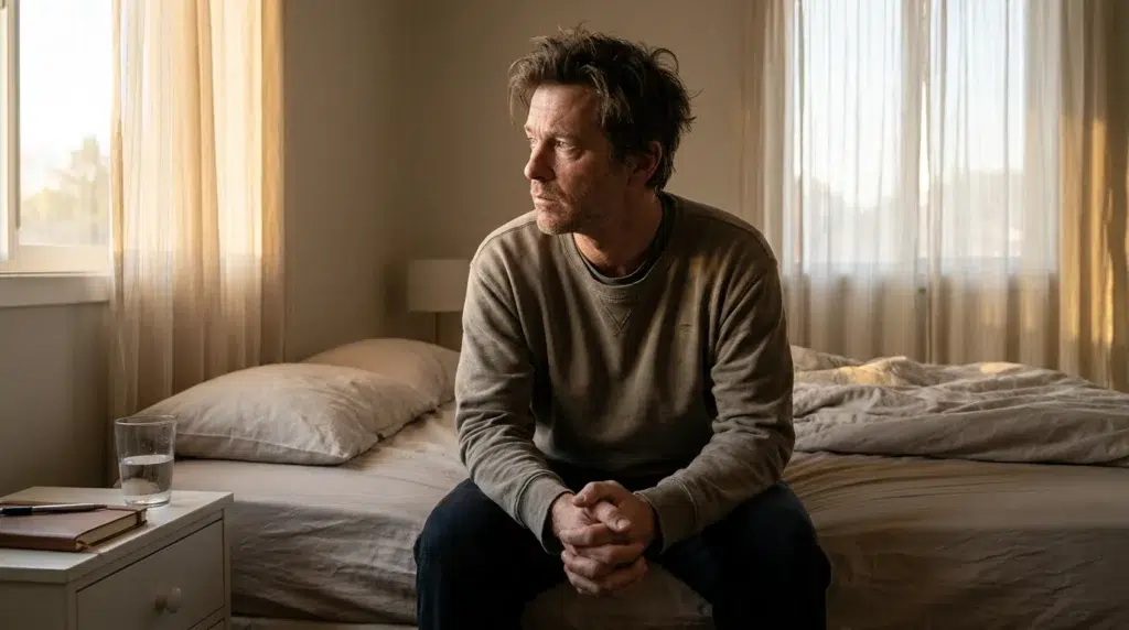 Man sitting quietly in a bedroom while reflecting during the first days of sobriety.
