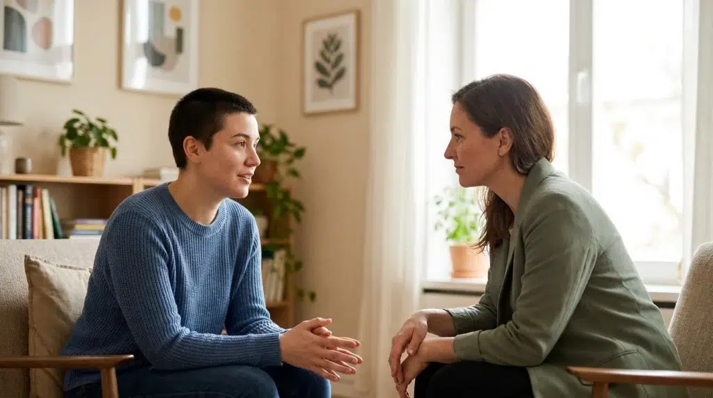 Healing Is Not Linear: Why Revisiting Old Feelings Isn't Going Backward 3 Woman talking with a therapist about difficult emotions during the healing process.