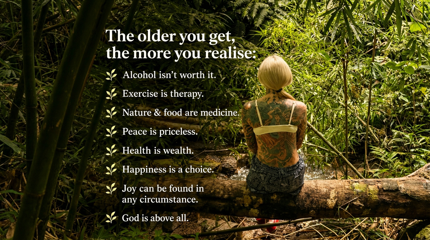 Woman sitting in a lush forest beside a motivational message about health, peace, nature, and happiness