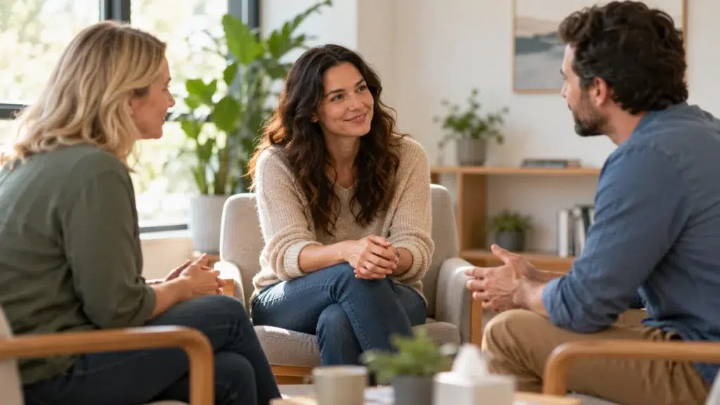What Sobriety Actually Is (It's So Much More Than Not Drinking) 2 Adults having a supportive group conversation during recovery treatment.