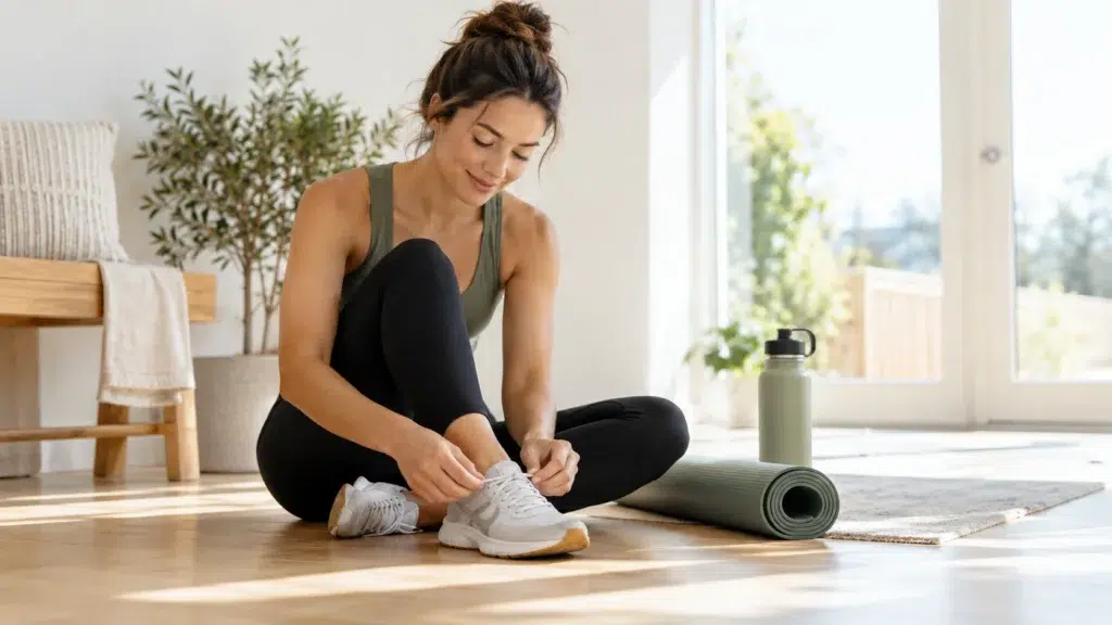 Woman preparing for exercise at home as part of a healthy sober routine.
