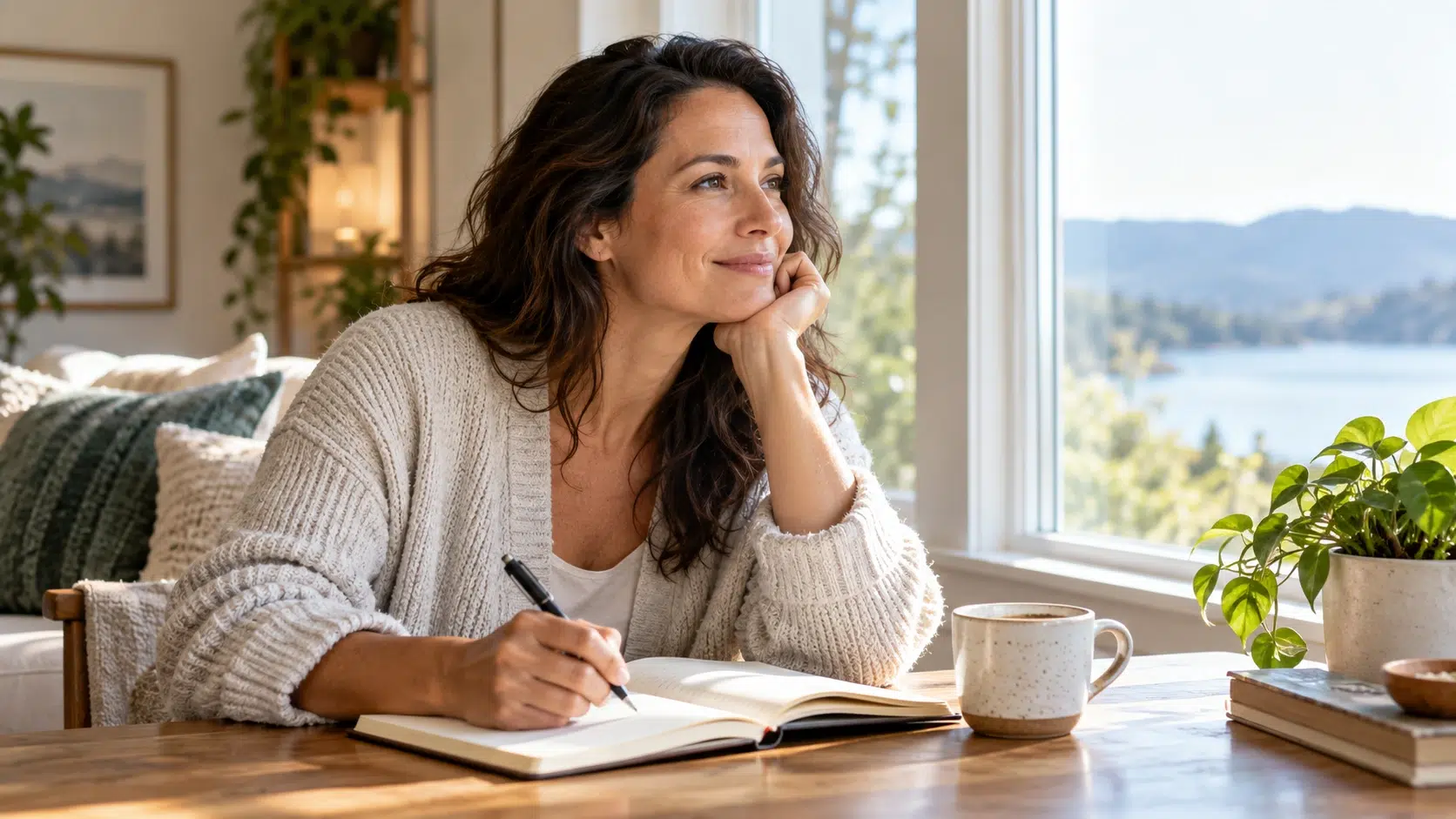 Woman journaling by a bright window while building a healthy sober lifestyle.